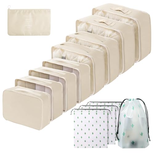 Gemtte Organizador Maleta Viaje, 13 piezas Impermeable Bolsas Organizadoras Maleta, Multifunción Packing Cubes Bolsas Ropa Viaje, Organizador de Viaje con Bolsa Zapatos(Beige)