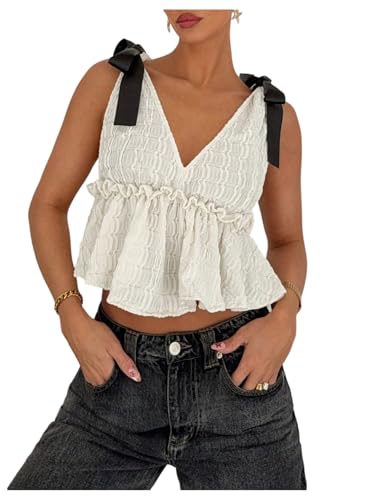 Milumia Women's Y2k Bow Knot Babydoll Tank Top Textured V Neck Sleeveless Ruffle Crop Tops