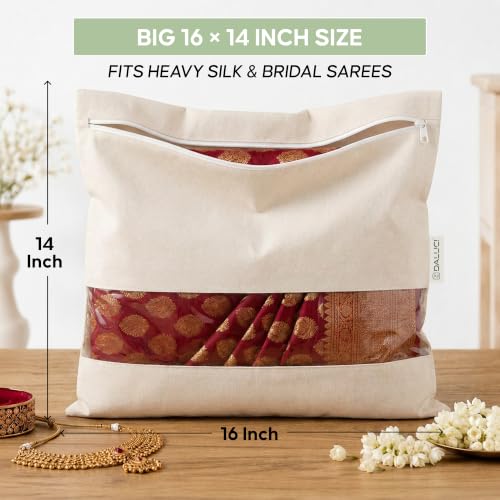 Image of DALUCI Saree Covers for Storage Pack of 12 | Cotton Saree Covers with Zip Transparent Mesh Window | Saree Organiser for Wardrobe | Saree Bags for Storage Big Size 16 x 14 Inch | Beige