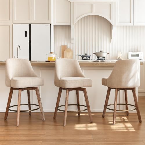 Finekoze Counter Height Bar Stools,Sand-Colored Linen Comfort Fabric Bar Stool Set of 3，360° Swivel Counter Height Stools Solid Wood Legs,27'' Barstools with Contoured Backrest
