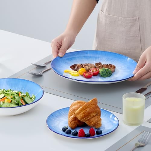 Image of Bestone Porcelain Dinnerware Sets Service for 4, 12 pcs Hand drawn Plates and Bowls Sets, Handmade Ceramic Dish Set, Chip Resistant Modern Plate Set, Dishwasher /Microwave Safe,Starburst blue