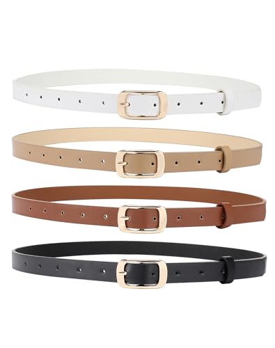 4 Pack Women's Skinny Genuine Leather Belt Thin Waist Belt with Gold Buckle
