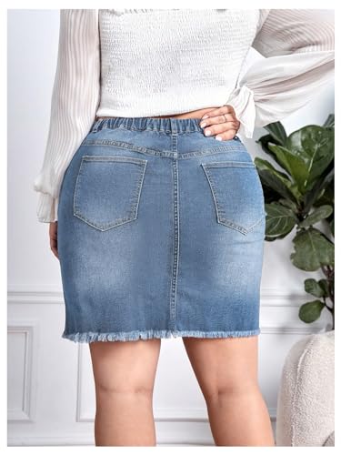 MakeMeChic Women's Plus Size Denim Skirt High Waisted Elastic Drawstring Waist Raw Hem Ripped Vintage Short Jean Skirt2