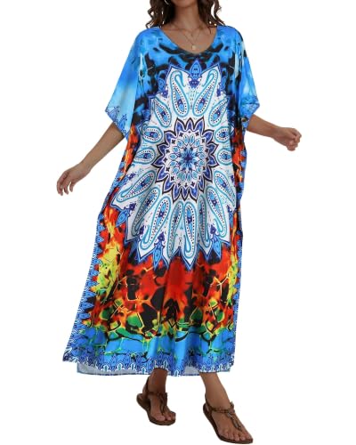 Image of Kaftan Dresses for Women V Neck Caftan Batwing Sleeve Swimsuit Cover Up | JILUVIN Plus Size Beach Swimwear Dress, Loose Fit Maxi Print Moomoo, Casual Mumu Nightgown Mrs Roper Costumes Vocation 2026