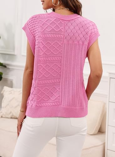 Image of EVALESS Womens Short Sleeve Sweater Summer Fall 2025 Round Neck Crochet Pullover Cap Sleeve Knit Oversized Sweater Vest Tops