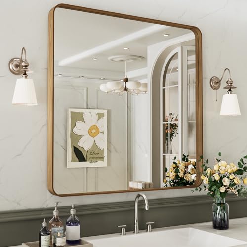 LOAAO 30X30 Bathroom Mirror with Wood Grain Colored Metal Frame, Rounded Rectangle Metal Framed Bathroom Mirror, Anti-Rust, Hangs Horizontally or Vertically