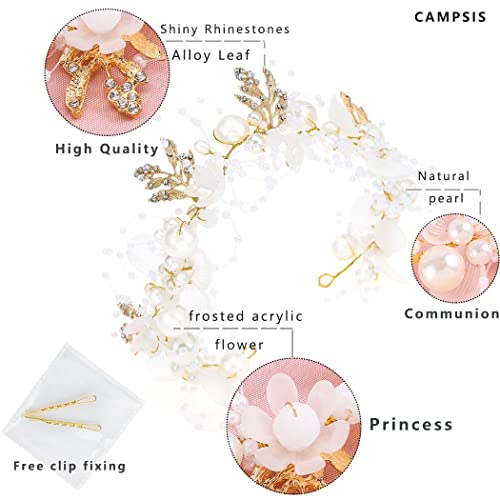 Campsis Princess Flower Crystal Headpiece Rhinestone Pearl Headband Alloy Floral Bridal Hair Accessories Communion Wedding Prom Photography For Girls And Women (Gold) #TOP3