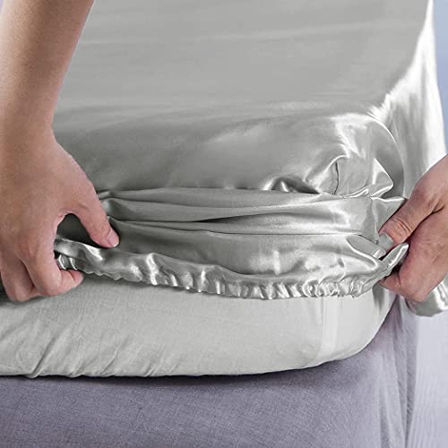 Silky Satin Fitted Sheet - Bottom Sheet - Deep Pocket - Breathability Shrinkage And Fade Resistant-Easy Care -1 Fitted Sheet Only (Gray, Twin/Twinxl) #TOP2