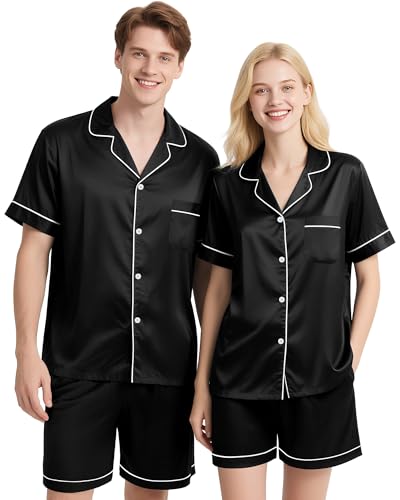 Couples Silk Pajama Sets Short Sleeve Top and Shorts Pjs 2 Pieces Button Down Sleepwear Set M-XL