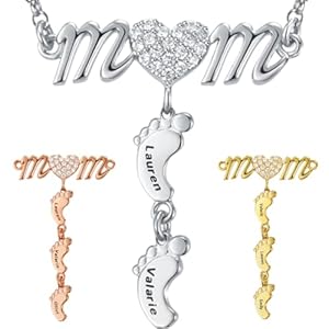 Personalized Mother’s Day Gifts | 925 Sterling Silver | 18k Gold Plated | 26 Cubic Zirconias | Family Name Necklace for New Mom with 1-6 Baby Feet