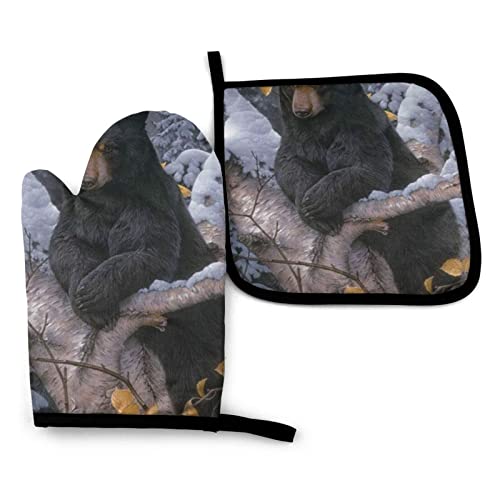 Bear on The Branch Gants de Four et maniques de Cuisine Gants de Four résistants à la Chaleur et Coussins Chauds Maniques pour Barbecue Cuisson Gants de Cuisine