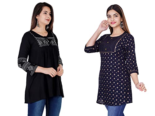 Image of Shiva Fab Short Kurti for Women | Embroidered Straight Rayon Kurta | Round Neck Full Sleeves Short Kurti for Women's Combo Pack of 2