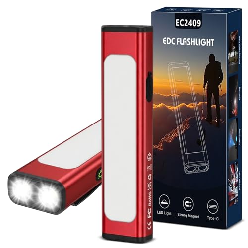 Spriak Pocket Flashlight, 1200 Lumens Rechargeable EDC Flashlight with Clip, USB-C Port, 3 Modes Waterproof Warning Light for Working, Camping, Repairing, Emergencies (Red, 1PCS)