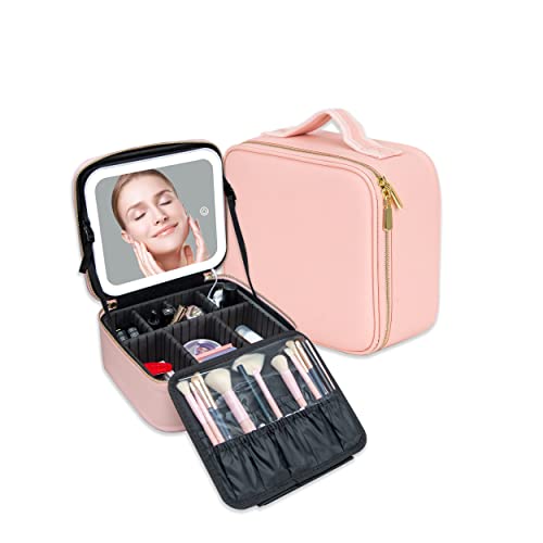 Zhenguiru Makeup Train Case With 3 Color Adjustable Brightness Led Mirror Cosmetic Travel Case Adjustable Dividers Toiletry Bag For Lady (Pink) #TOP1