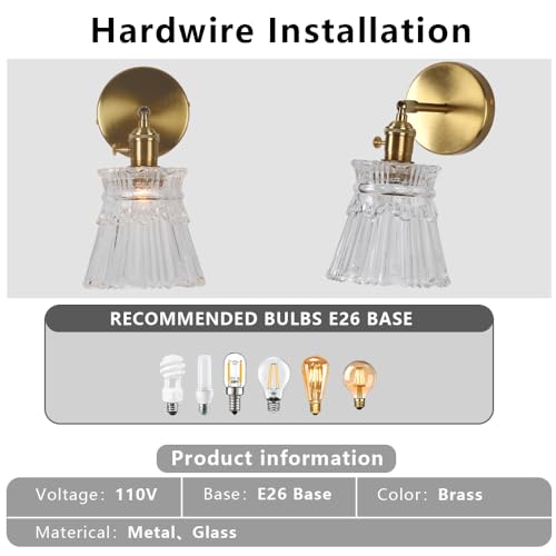 Image of Vintage Gold Wall Sconces with Lampshade Brass Sconces Modern Wall Lighting Fixture with Switch for Bathroom, Bedroom, Living Room Classic E26