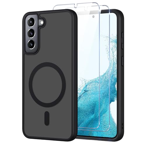 Pnakqil Magnetisch für Samsung Galaxy S22 5G Hülle für Magsafe Matt Transluzente Handyhülle für Samsung Galaxy S22 5G mit 2 Panzer Schutz Glas PC Härte Kratzfest Matte Dünn Magnetische Case Schwarz