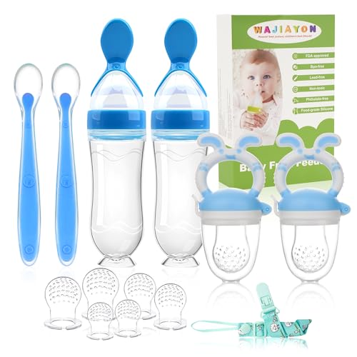 WAJIAYON Baby Fruit Feeder Pacifier | 2 Infant Food Feeder Pacifier & 2 Baby Food Dispensing Spoon | Fresh Fruit Teethers for Babies | Silicone Feeder Babies,Infant Teething Feeders (Blue-Rabbit)