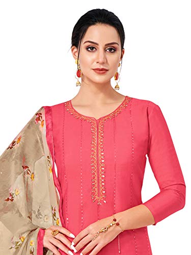 Image of AKHILAM Women's Chanderi Cotton Embroidered Unstitched Salwar Suit Material(Red 32DMK80 Parent)