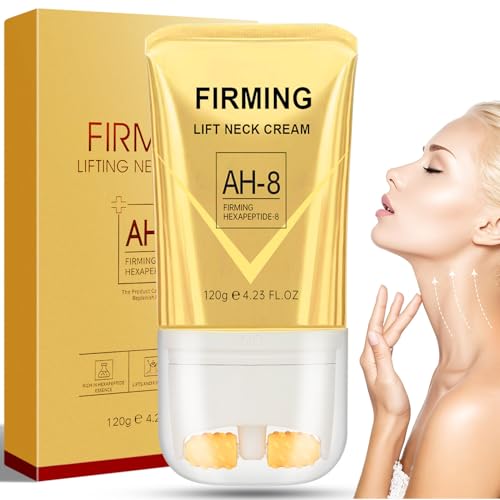 AH-8 Neck Firming Cream for Crepey Skin, Firming Lifting Neck Cream with Roller Design for Skin Deep Moisturizing, Improve Appearance, Suitable for Adults Women and Men, 4.21 FL OZ, Gold