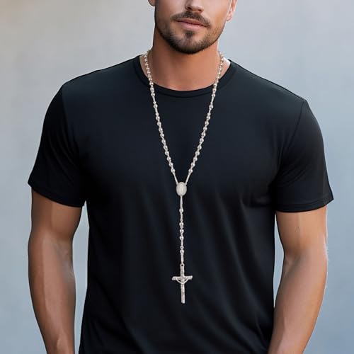 MeMeDIY Custom Rosary Necklace for Women Men Christian Virgin Mary Pendant with Crucifix Engraved Picture Text Stainless Steel Rosary Catholic Necklace Circle Chain Prayer Beads3