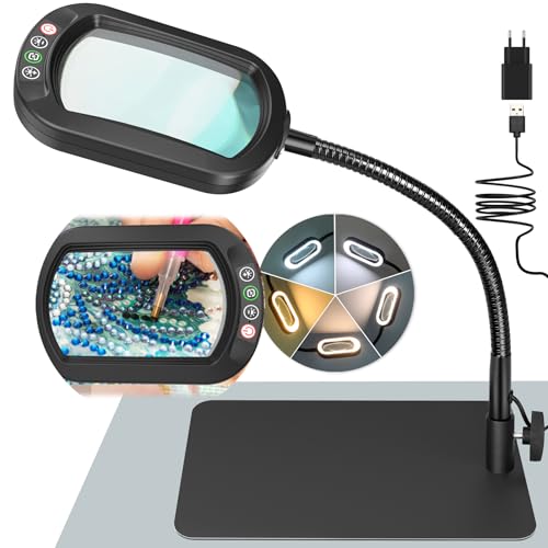 Drdefi 10X Rectangulaire Lampe Loupe sur Pied, LED Lampe de Bureau Loupe Eclairante, 5 Modes de Couleur, Intensité Variable en Continu, Loupe Flexible à Col...