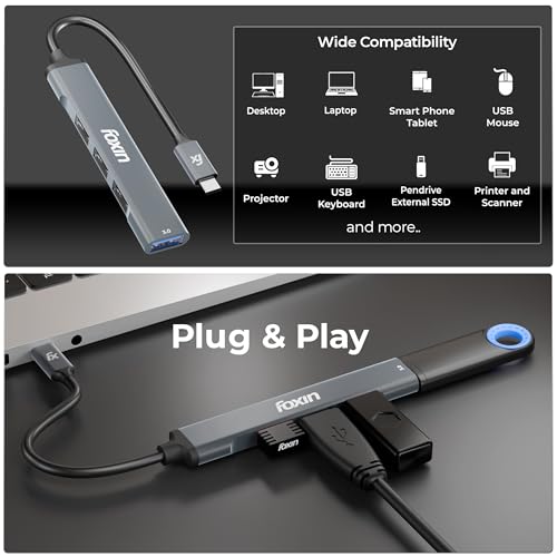 Image of Foxin 4-in-1 USB-C Hub | Type C Hub to USB 3.0 + 3 USB 2.0 Ports, Upto 5 Gbps High Speed Data Transfer | Slim Aluminium Portable C-Type Hub for Laptop, MacBook, Tablets & Mobiles | 15cm Cable - FTH C4
