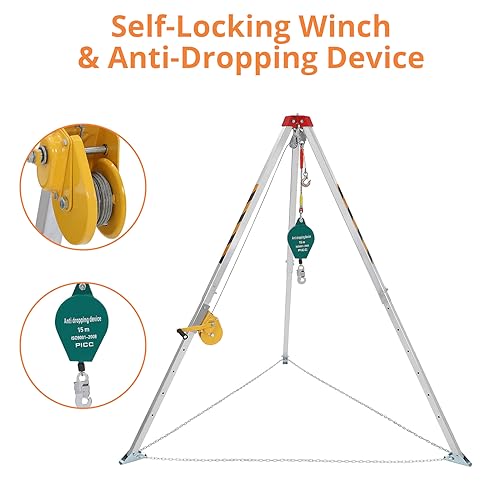 Image of Towallmark Confined Space Tripod Kit with 1200 LBS Lifting Winch and Fall Arrester, Sewer Rescue Tripod with Safety Self-Locking Device