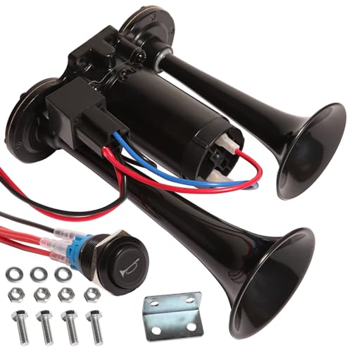 Shengbowi Air Horn 12V Electric Super Loud 150DB Dual Trumpet Waterproof Compressor for Cars Trucks & Boats Car Horn Double Tube Train Compressor, Airhorn Truck Van (Black)