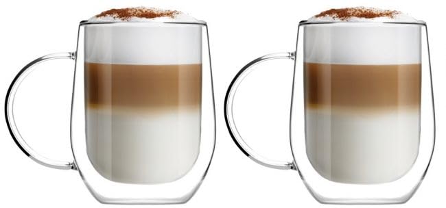 Vialli Design Set 2 x szklanki termiczne z podwójnymi ściankami z uchwytem 300 ml, szklanki do latte macchiato, ok.