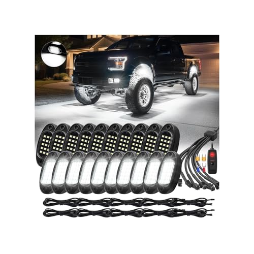 20Pods All Pure White LED Rock Lights Full Kit Plug and Play & Pre Wired 6500K with Switch Wiring Harness Extension Fuse Long Wires, 300Chips Waterproof Underglow 12V for Semi Trucks Pickup Offroad