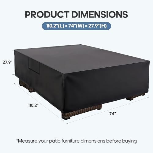 DUMOS Patio Furniture Cover Rectangular Heavy Duty 600D Waterproof UV Resistant Outdoor Sofa Couch Sectional Cover for Deck Table Chairs Backyard Dining Sets, 111"L x 74"W x 28"H, Black — view 2