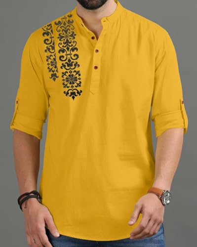 Image of FINIVO FASHION Men's Regular Fit Cotton Blend Kurta Shirt | Full Sleeve Ethnic Shirt with Mandarin Collar and Button Placket | Casual Kurta for Daily and Traditional Use