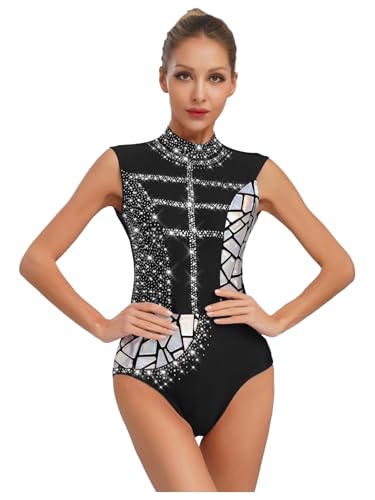 Manyakai Body Mujer Danza Ballet Maillot de Gimnasia Rítmica sin Mangas con Cuello Alto Adornado de Pedrería Brillante Maillot de Bailarina Rendimiento Negro L