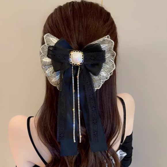 Temperament lace hair clips female super fairy long ribbon spring clip back of the accessories