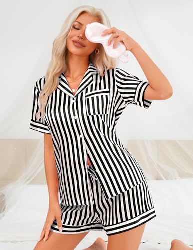 Image of Girece Pajamas for Women Satin Pajama Set 2 Piece Short Sleeve with Shorts