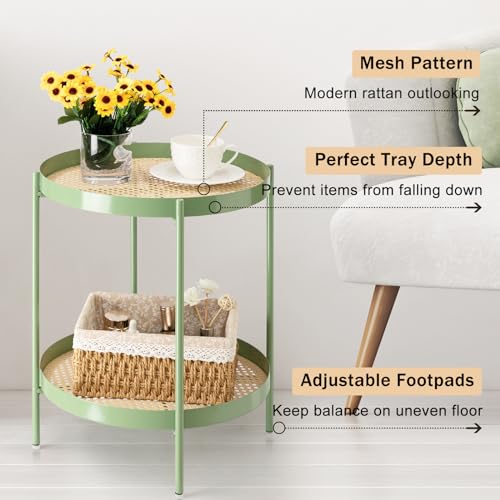 danpinera All Metal Side Table, 2 Tier Green End Table with Imitation Rattan Pattern on Removable Trays, Round Table for Small Spaces, Small Tables for Living Room 20.47 Inch x 16.54 Inch - Thumbnail 4