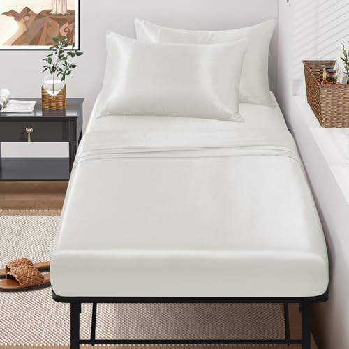 Image of SiinvdaBZX 4-Piece Cot Sheet Set 31 inch x 75 inch, Ivory White Satin Cot Size Sheets Silky Soft Rv Bunk Bed Sheets for Narrow Twin /Camp Bunk /Guest Beds /Army Cots /Trifold Mattress