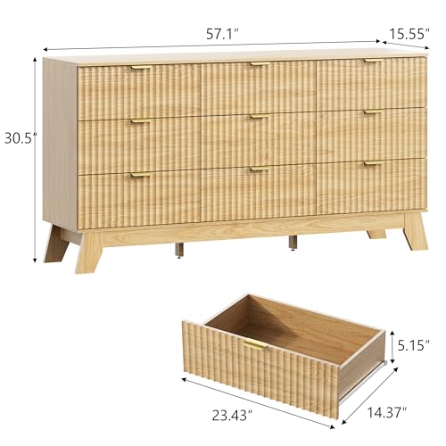Image of Wodeer 9 Drawer Fluted Dresser for Bedroom, Mid Century Modern Wooden Dresser with 9 Drawers, Dressers & Chests of Drawers with Metal Handle, TV Stand & Storage Organizer for Entryway, Hallway, Oak
