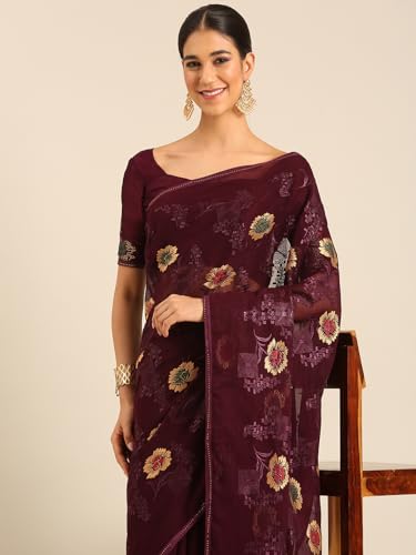 Image of Panzora Women's Chiffon Embroiderd Saree With Blouse Piece