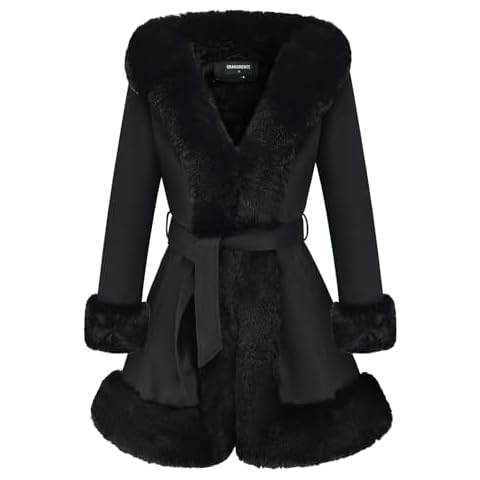 GRAN ORIENTE Black Suede Jacket for Women with Faux Fur Collar,Long Sleeve Warm Winter Parka Coat with Belt Outerwear(056 Black XL) Cover