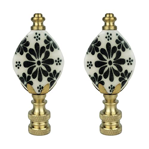 Image of Royal Designs, Inc. Crackled Oval Disk White with Black Accent Finial for Lamp Shade, F-5306-PB-2, Polished Brass - Pack of 2