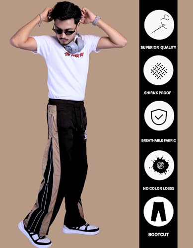 Image of Men's Track Pants, Loose Fit Bootcut Style, Black with Beige Side Stripe,Sports Track Pant for Men | Track Pant Men | Men Stylish Track Pant Boot Cut Style