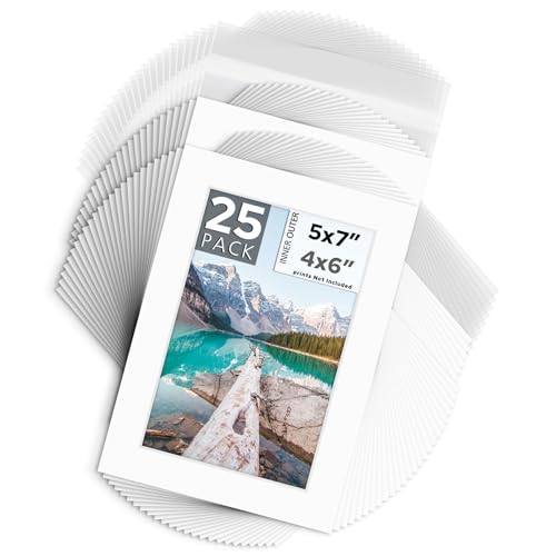 Mat Board Center, 25 Pack 5x7 Mat with Backings & Bags for 4x6 Photo White