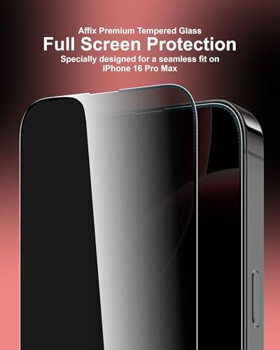 Image of Affix 2 Pack for Privacy iPhone 16 Pro Max Full Coverage Tempered Glass, Screen Protector Guard with Easy Fix Installation Tool, 9H Hardness Shatterproof, HD Clear Scratch Resistant