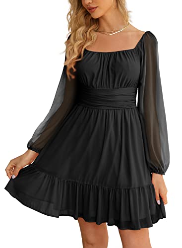 Wenrine Women's Summer Mesh Long Sleeve Square Neck Dress A Line Ruffle Hem Casual Party Mini Dress Black #TOP29