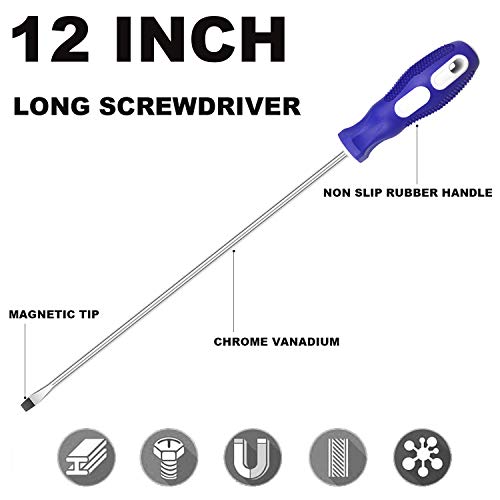 Slotted And Phillips Screwdriver, Ph2 12" Long Cross-Head Screwdriver & Flat Blade Screwdriver, 2 Packs Magnetic Screwdriver With Rubber Handle #TOP1