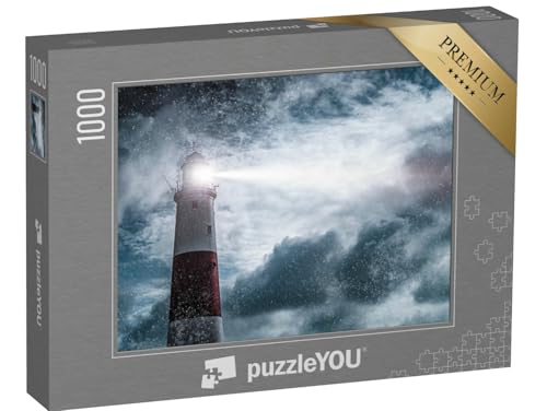 puzzleYOU: Puzzle 1000 Teile „Rot-weißer Leuchtturm im nächtlichen Regen bei rauher See“ – aus der Puzzle-Kollektion Leuchttürme