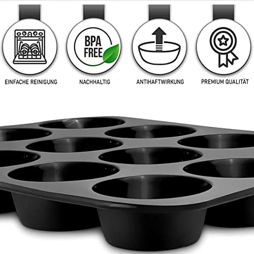 Foto von Belmalia Muffinblech aus Silikon für 12 Muffins, antihaftbeschichtet, Cupcakes, Brownies, Kuchen, Pudding, Muffinform Schwarz