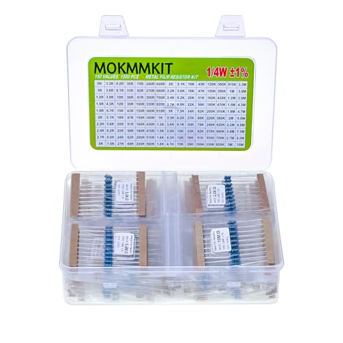 MOKMMKIT 150 Values 1500 Pieces Metal Film Resistor Kit, 0 Ohm-10M Ohm, 1/4W 1% RoHS Compliant Resistors Assortment Kit, 0.25 Watt Plug-in Resistor Element Packaging