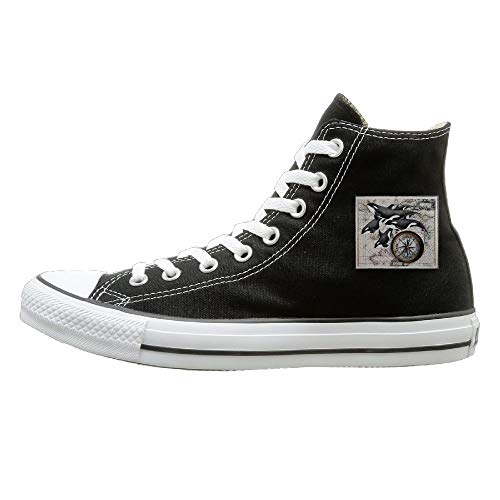 Shenigon Orca Nautical Compass Canvas Shoes High Top Casual Black Sneakers Unisex Style